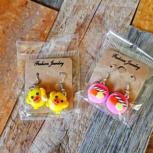 Set of 2 NEW Cute Yellow PIG & Pink SUSHI Earrings